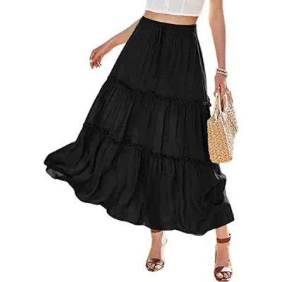 Women's Elastic High Waist A Line Layer Ruffle Swing Casual Long Maxi Skirt